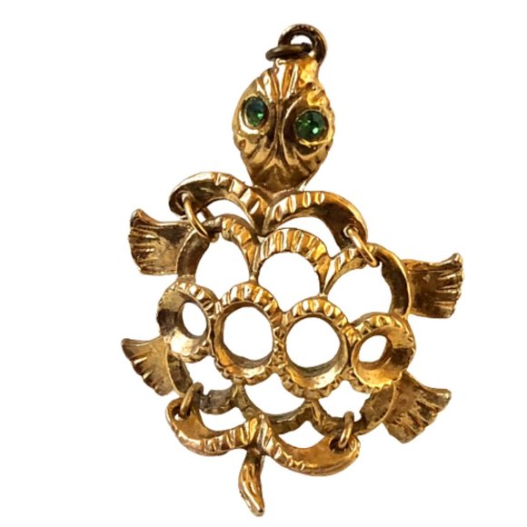 Turtle Vintage Gold Tone Wiggle Hinged Moves Green Rhinestone Eyes - Picture 8 of 9